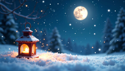 Fototapeta premium Lantern is lit in the snow, with a full moon in the background. The scene is serene and peaceful, with the soft glow of the lantern creating a warm and inviting atmosphere