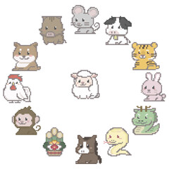 Fototapeta premium 干支のイメージ, ドット絵, 主役はひつじ