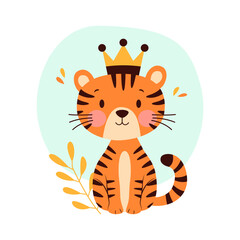 Cute Adorable Tiger Animal Cartoon Character Wearing King Crown in the Jungle