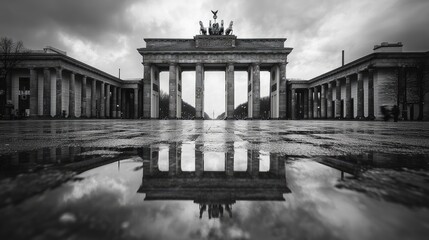 Obraz premium The Brandenburg Gate in Berlin, Germany, with a reflection in a puddle after a rain shower.