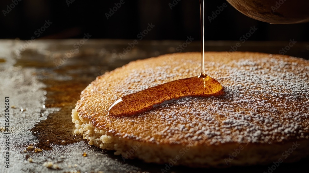 Poster A single pancake topped with powdered sugar and a drizzle of maple syrup.