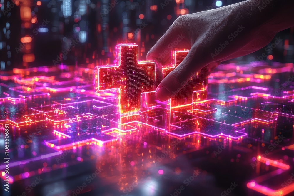Poster a hand placing a glowing puzzle piece on a digital grid.