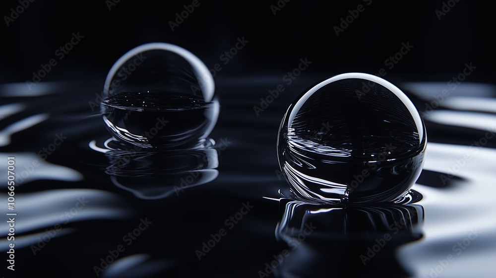Poster two glass spheres float gently on the surface of dark water, creating ripples in a tranquil setting