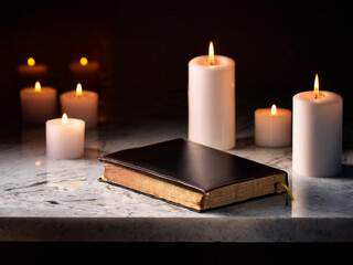candle on a marble table and a Bible