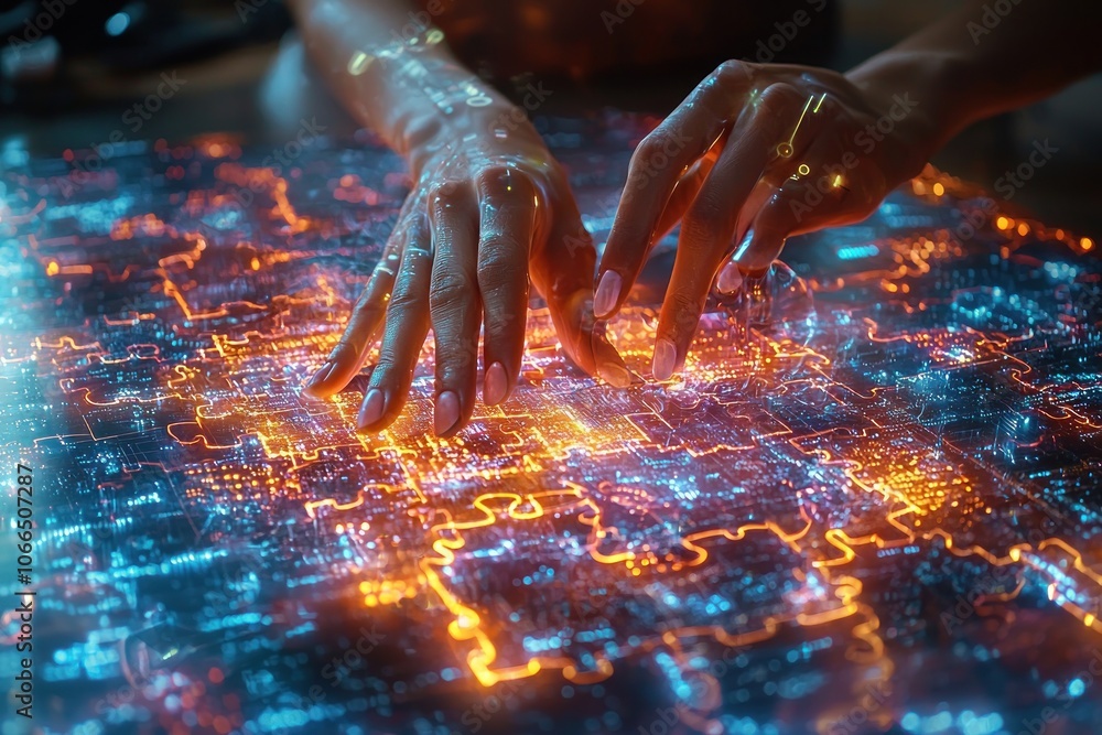 Poster Hands Interacting with a Luminous Puzzle-Like Interface