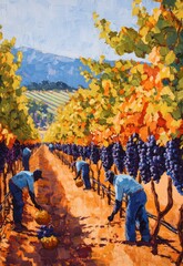 a portrait of a vineyard during harvest season, with rows of grapevines heavy with clusters of grapes. Depict workers carefully picking the grapes, emphasizing the beauty and bounty of the vineyard.