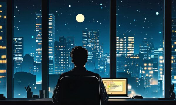 Man working late in city high-rise office illustration cartoon with ai generated.
