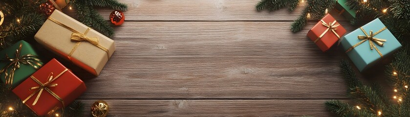 Fototapeta premium Christmas Presents and Pine Branches on Rustic Wood Background