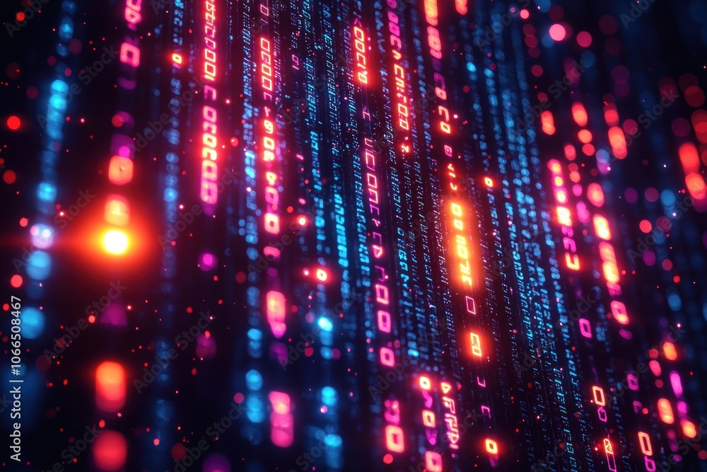 Poster Abstract digital binary code with glowing neon lights