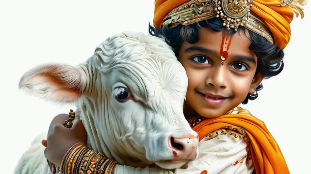 Tender Embrace of Krishna: Boy dressed as Lord Krishna in traditional Indian attire tenderly hugging a calf, love, beauty and serenity
