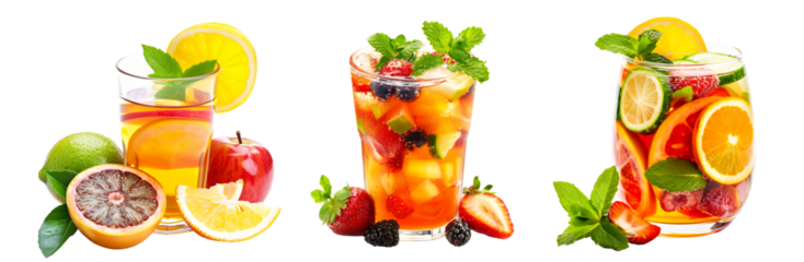Fruit tea blend of berries, citrus slices and mint leaves that is perfect for summer gatherings, parties isolated on white transparent background.
