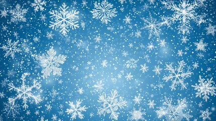 Abstract background of white snowflakes falling on a blue sky.