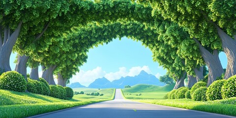 Obraz premium Long, Straight Road Through Surreal Tree Archway, Ideal for Vehicle Advertisement, Extending Into Scenic Hills and Mountains for a Journey-Inspired, Dreamlike Scene