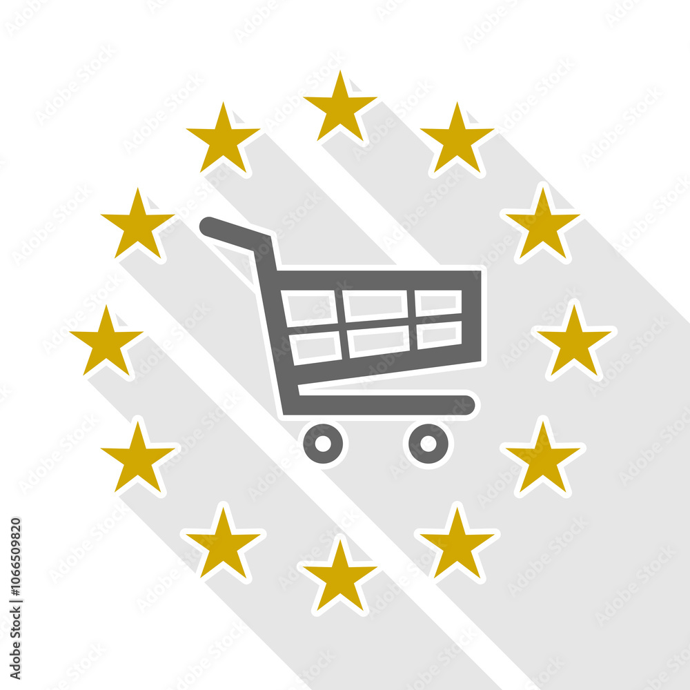 Poster european union long shadow flag with a shopping cart icon isolated on transparent background