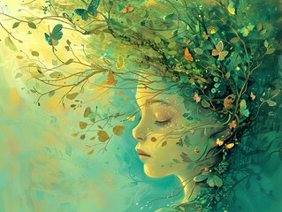 Dreamy Woman with Floral Hair: Surreal Nature Illustration