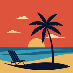 beach silhouette vector with sunset and orange sky background