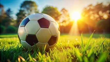 Fototapeta premium Close-Up of a Soccer Ball on a Lush Green Soccer Field, Capturing the Textures and Details of the Ball with Blurred Background for Sports Enthusiasts, Coaches, and Fans