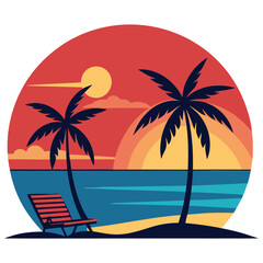 beach silhouette vector with sunset and orange sky background
