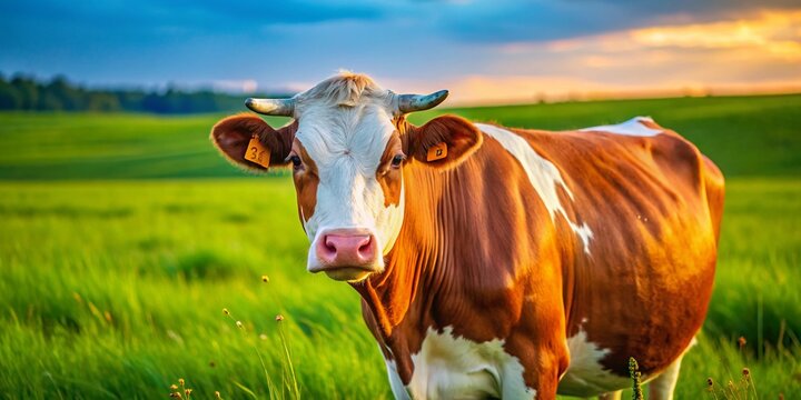 Close-up of a Simmental Crossbred Cow Walking in Pasture with Copy Space for Agriculture Related Content, Farm Life, and Animal Husbandry Themes