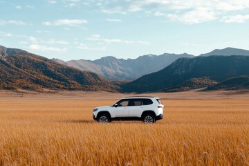 White suv parked in a golden field with mountains in the background
