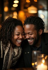 A romantic shot of a couple laughing together in a cozy caf&Atilde;&copy;, their faces illuminated by the warm glow of candlelight, capturing the joy and connection between them.