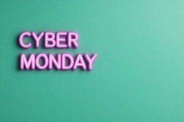 Pink neon cyber monday sign on turquoise background promoting online shopping