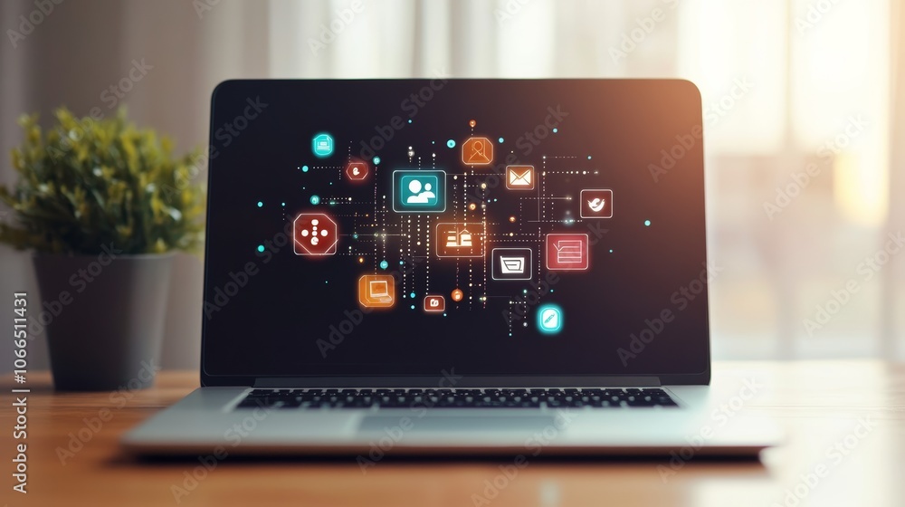 Poster modern laptop showcasing a network of interconnected social media icons and marketing applications, 