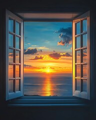 story concept meaning design Sunset view through open window, serene atmosphere illustration