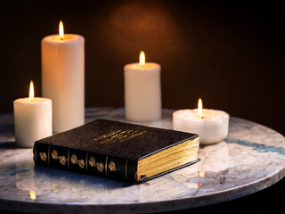 candle on a marble table and a Bible