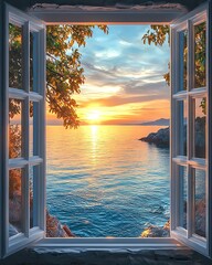 story concept meaning design Seaside sunset view from an open window. illustration © kazitafahnizeer