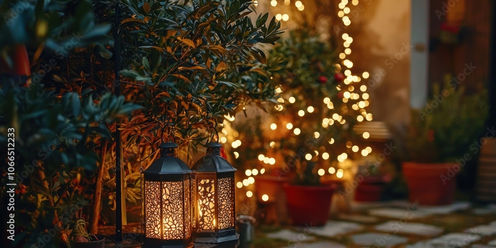 Poster two lit lanterns in front of a tree with string lights