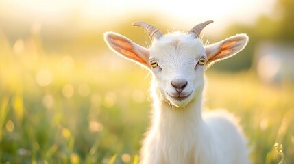 Fototapeta premium A Young White Goat with Horns and Golden Eyes Smiles in a Field