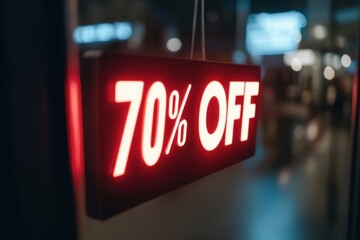 70% off discount sign hanging in shop window displaying huge savings