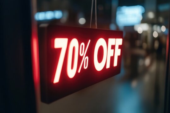 70% off discount sign hanging in shop window displaying huge savings