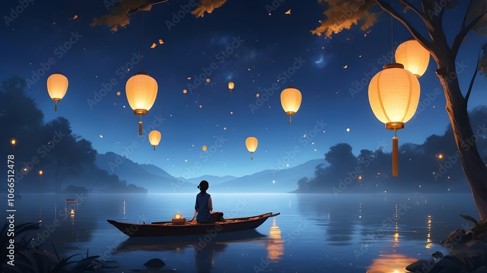 Wall mural dreamy landscape with floating lanterns