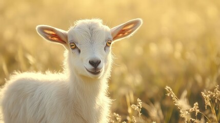 Fototapeta premium A White Goat Kid with Golden Eyes in a Field of Grass