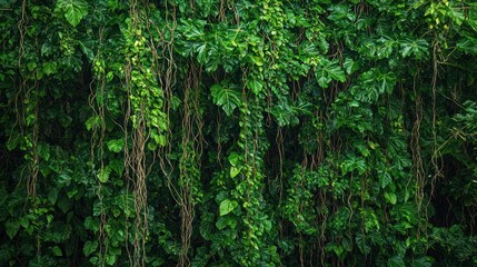 Obraz premium a scene in a tropical rainforest with exotic vines hanging from trees. Capture the lush greenery and the interplay of light filtering through the leaves, creating a sense of depth and mystery.