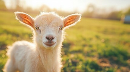 Fototapeta premium White Baby Goat with Golden Eyes Looking at Camera in a Field