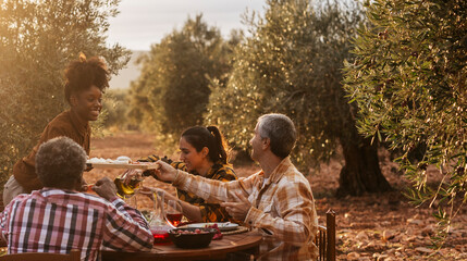 Farmers enjoying a meal together in olive grove at sunset