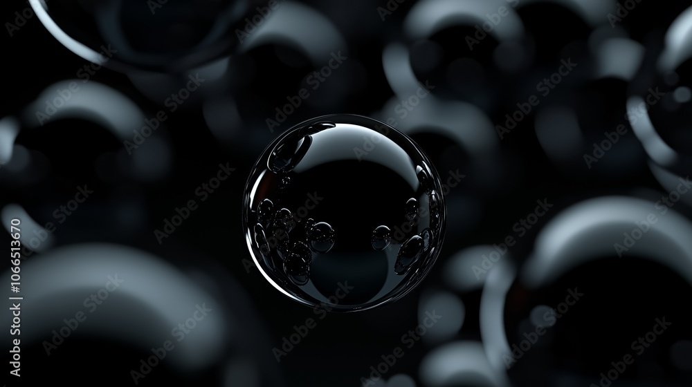 Poster black and reflective spheres floating in a dark environment create an abstract visual effect at twil