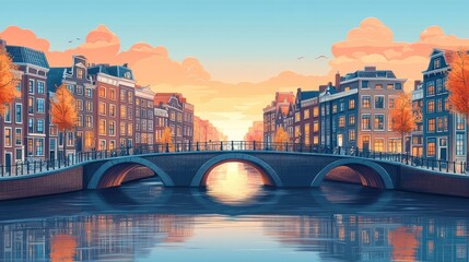 A picturesque bridge over a canal in a European city with colorful buildings and a sunset sky.