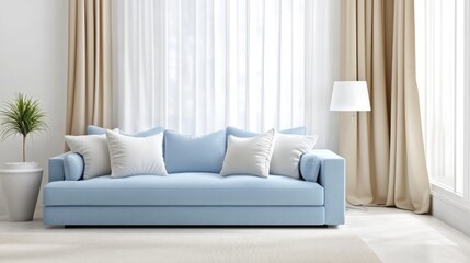 Light Blue Sofa with White Pillows in Minimalist Living Room