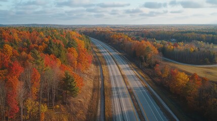 Naklejka premium A scenic view of a highway lined with autumn trees, perfect for Thanksgiving travel themes