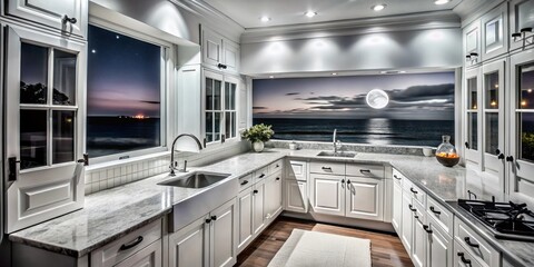 Coastal Kitchen with Ocean View - Night Photography of White Cabinets and Large Windows Overlooking the Sea
