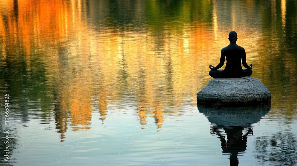 Poster a lone figure sits in meditation on a rock in the middle of a calm lake, surrounded by a colorful re