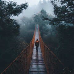 Fototapeta premium story concept meaning design Person walking on a foggy bridge illustration