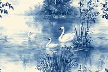 Elegant swan lake seamless pattern