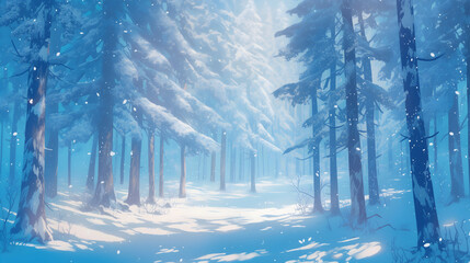 Naklejka premium Snow Covered Pine Forest Sunlight Landscape Wallpaper