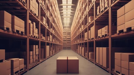 Smart warehouse shelves with automated sorting system, showcasing inventory automation