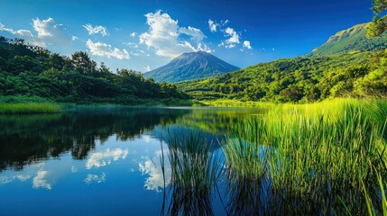 a serene landscape with a dormant volcano in the background, surrounded by lush greenery and a peaceful lake reflecting the mountain. Convey the calm before nature's fury.